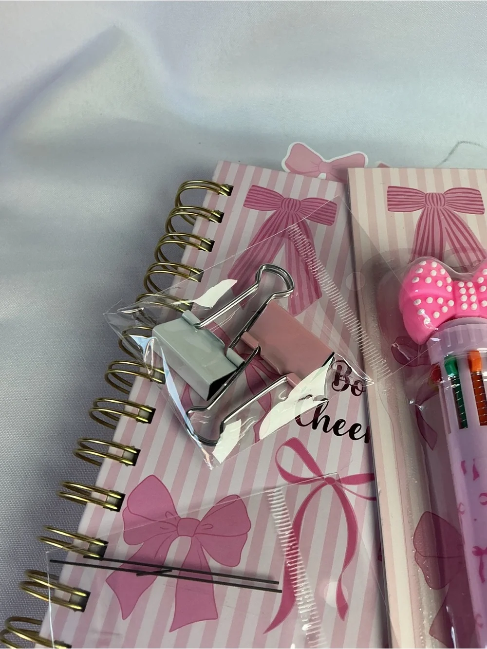 ★ Pink Bow Stationery Gift Set Notebook Pen Tabs & Clips Bundle